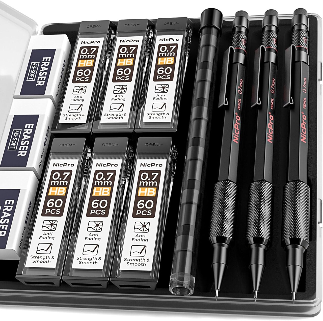 Mechanical Pencil Set with Case, 3PCS MP2000 Metal Artist Mechanical Pencil With 6 Tube HB Lead Refills, Eraser, Weatherproof Barrel for Outdoor Writing Drafting Drawing Sketching